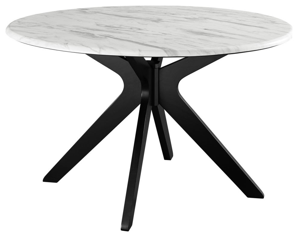 50" Dining Table, Round, White Black, Wood, Artificial Marble, Modern