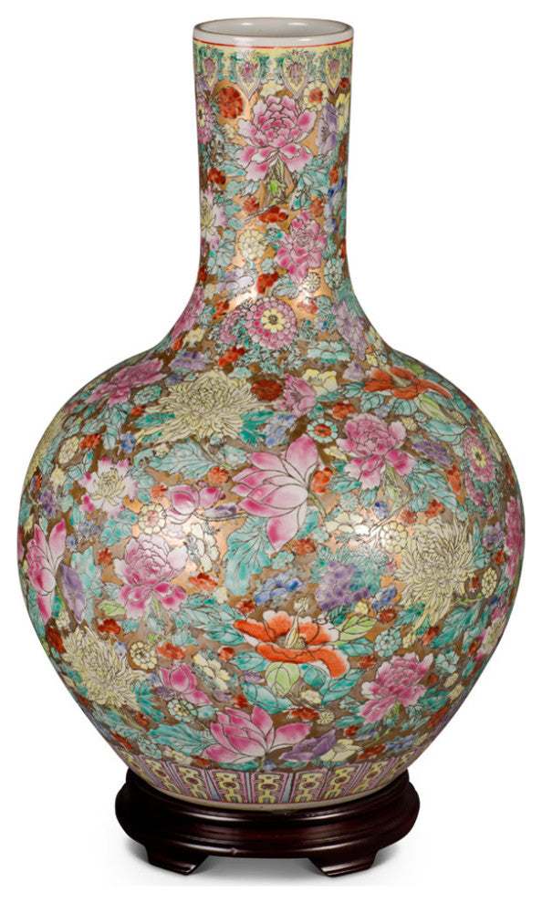 Hand Painted Imperial Canton Porcelain Chinese Floral Temple Vase, With Stand