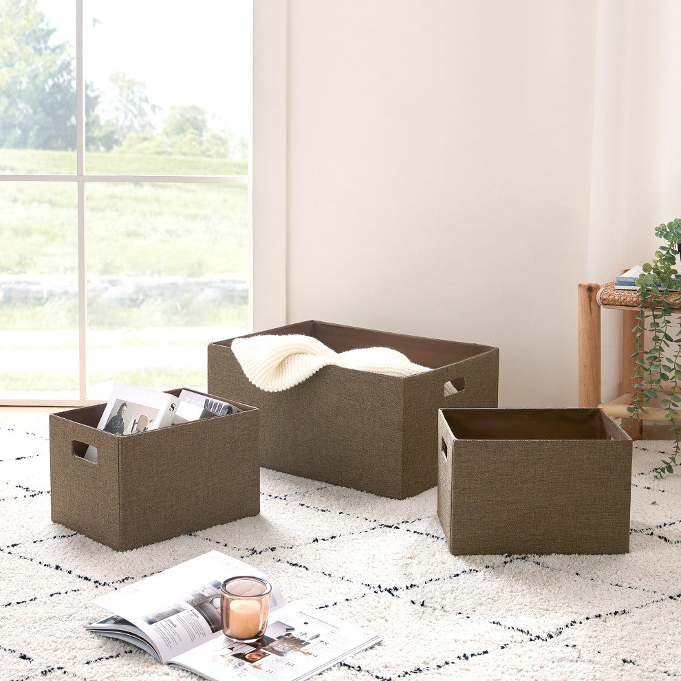 3-Piece Set Linen Look Covered Cardboard Rectangle Storage Bins, Taupe