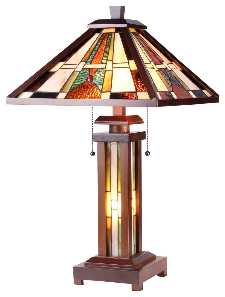 PERCIVAL Tiffany-style Mission 3 Light Double Lit Wooden Table Lamp 15inches Sha