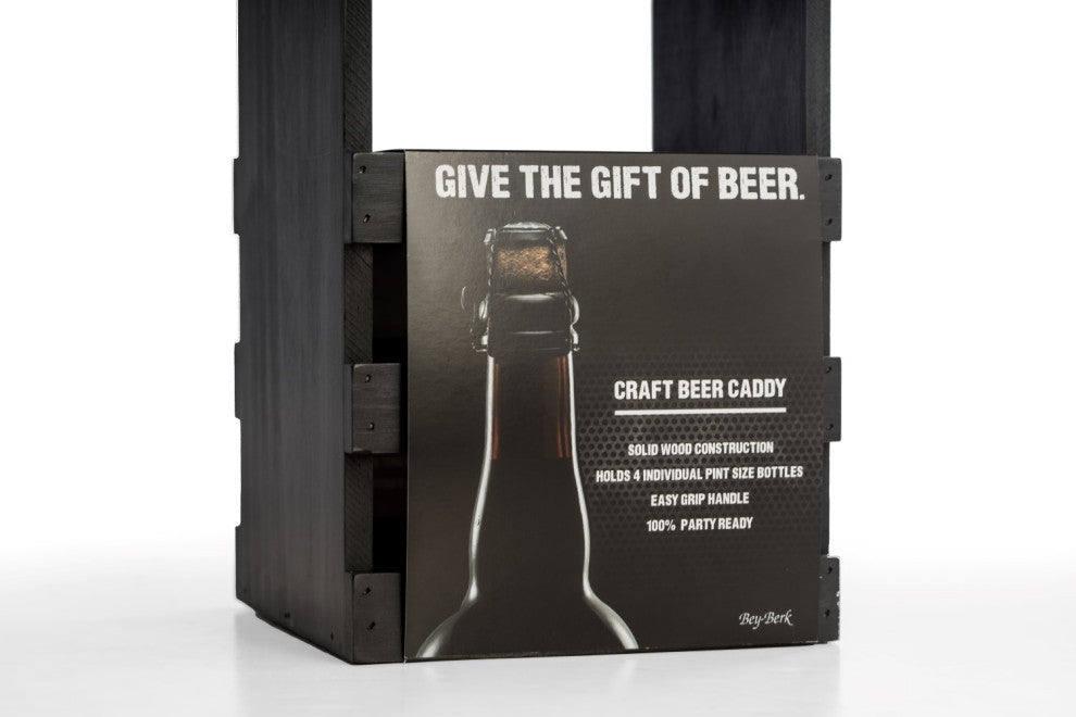 Black Solid Wood 4 Bottle Caddy, Ergonomic Curved Built, Handle