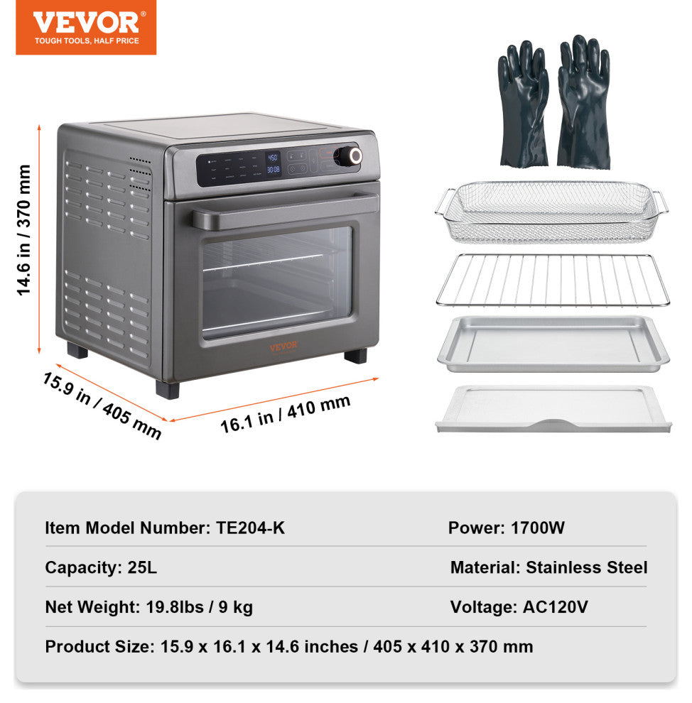 VEVOR Air Fryer Toaster Oven 1700W Stainless Steel Convection Oven, 25 L 12-in-1