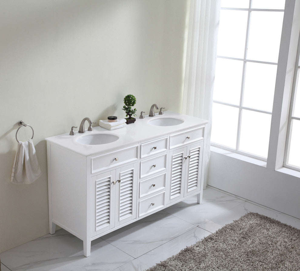 60" Double Bathroom Vanity, White With Ivory White Engineered Marble