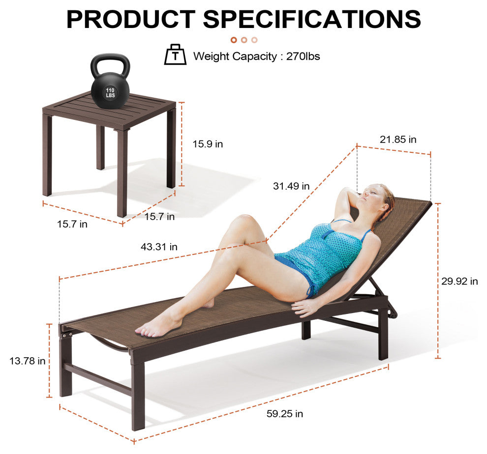 Patio Set Outdoor Aluminum Adjustable Chaise Lounge Chairs and Table Set, Brown