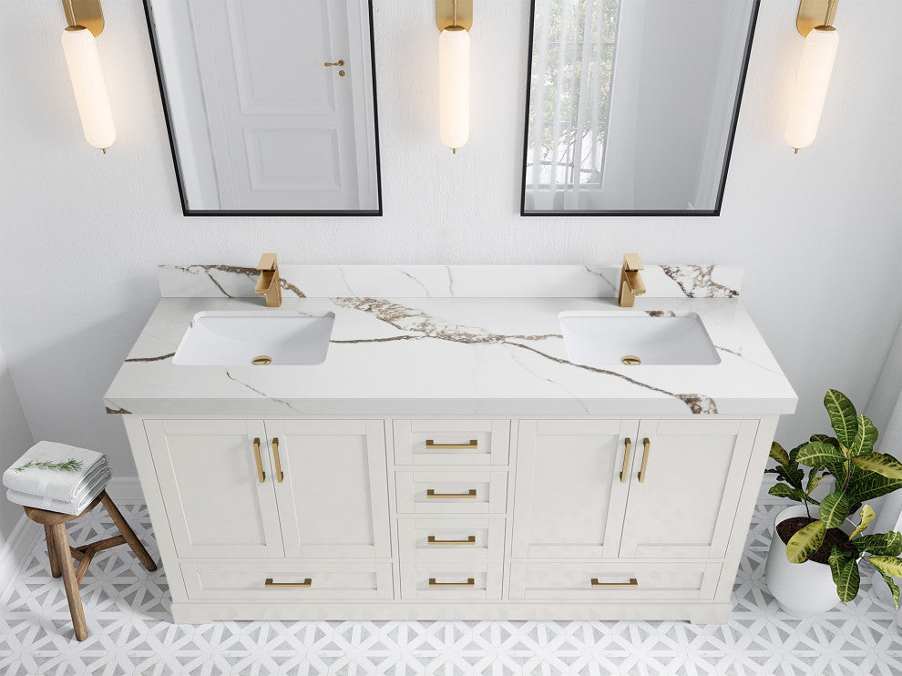 Boston 72" Double Sink Bath Vanity in Alabaster 2" Calacatta Gold