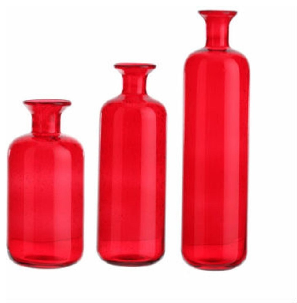 Translucent Candy Apple Red Decorative Glass Bottles, 3 Piece Set