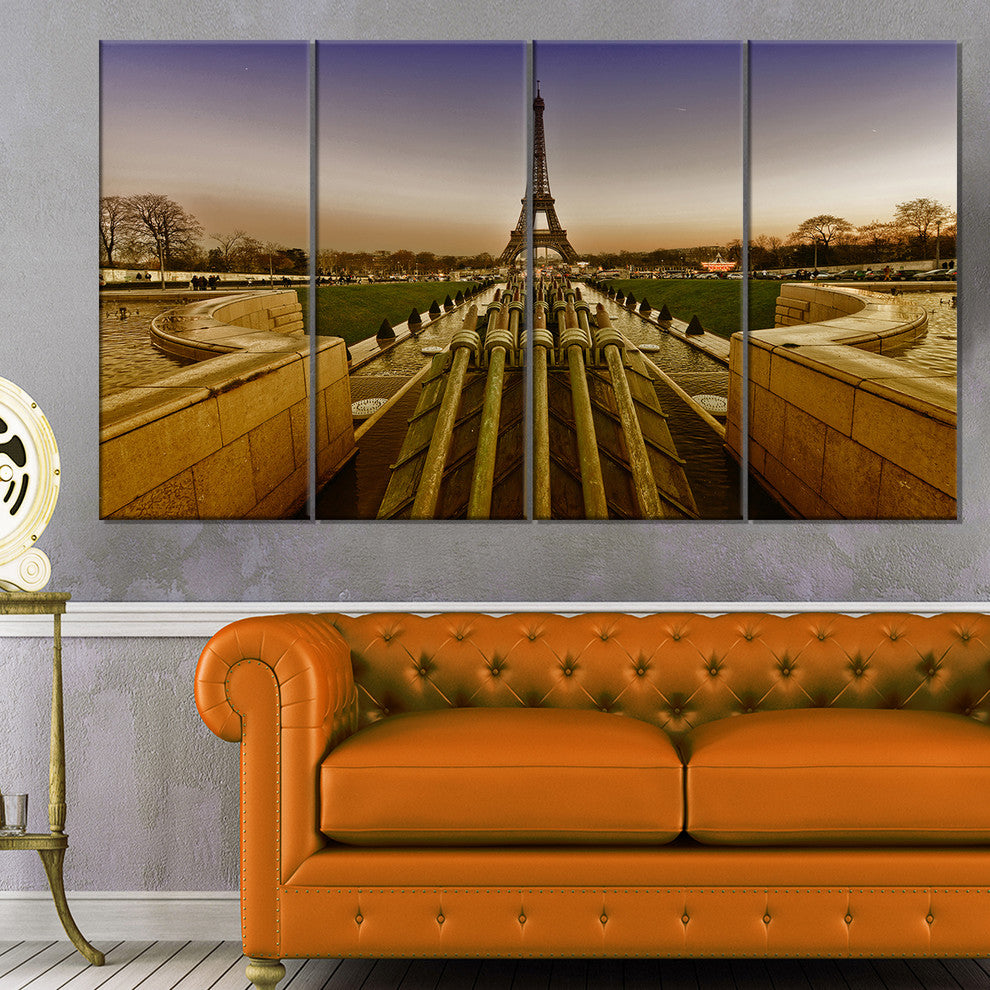 Beautiful View of Paris Eiffel Tower, Landscape Canvas Print, 48"x28", 4 Panels