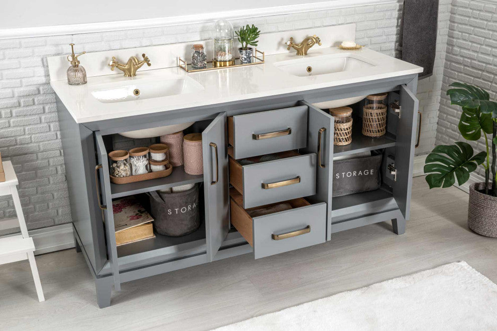 Fabia Collection 60" Bathroom Vanity With Sink, Mirror, Countertop, Dark Gray