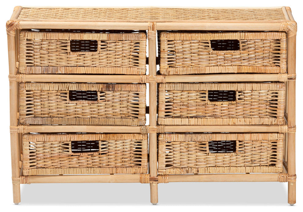 Dariana Modern Bohemian Natural Brown Rattan 6-Drawer Storage Cabinet