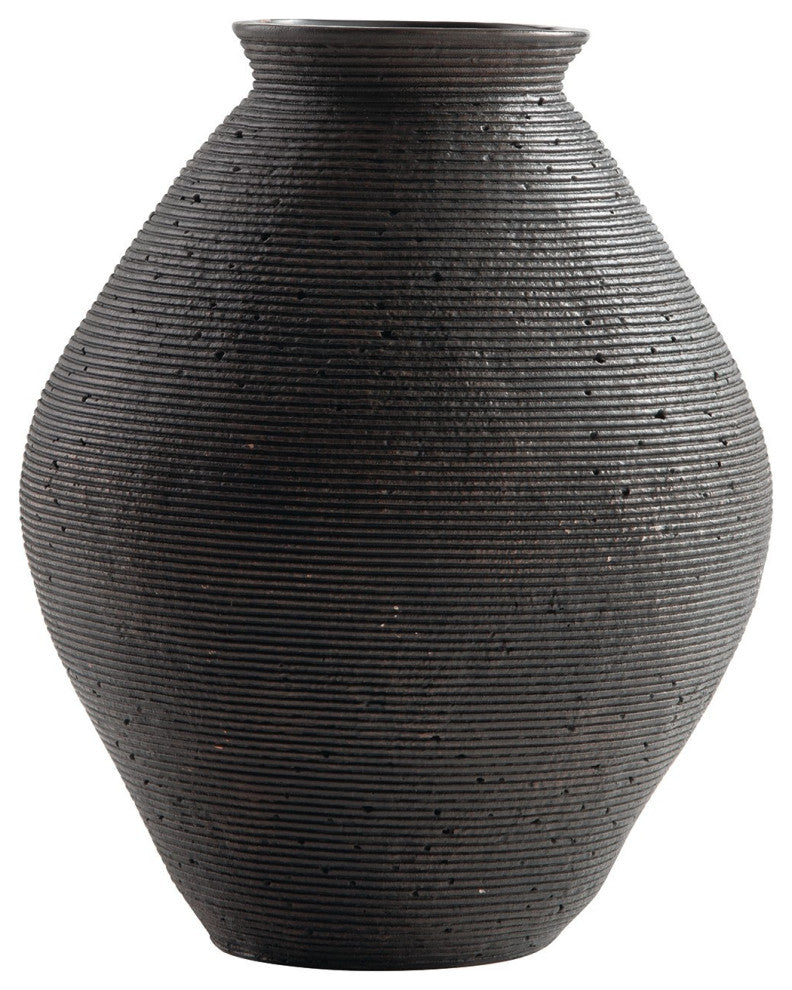 Dale 12 Inch Round Polyresin Vase, Wavy Ribbed Spiral Texture Antique Brown