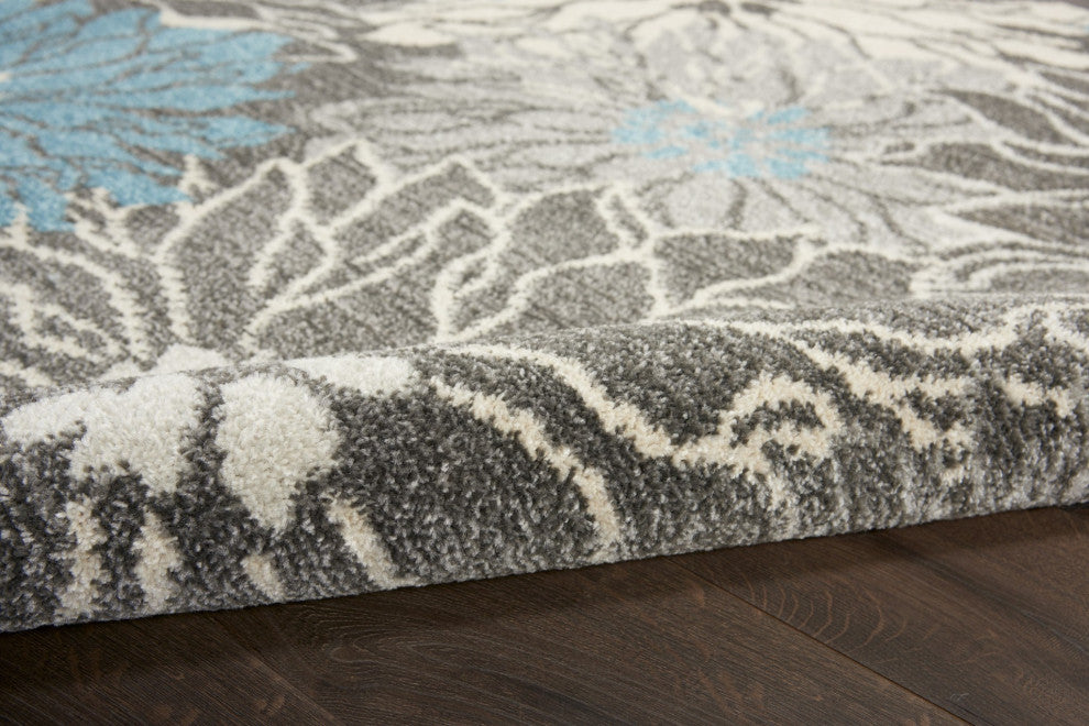 7 x 10 Charcoal and Blue Big Flower Area Rug