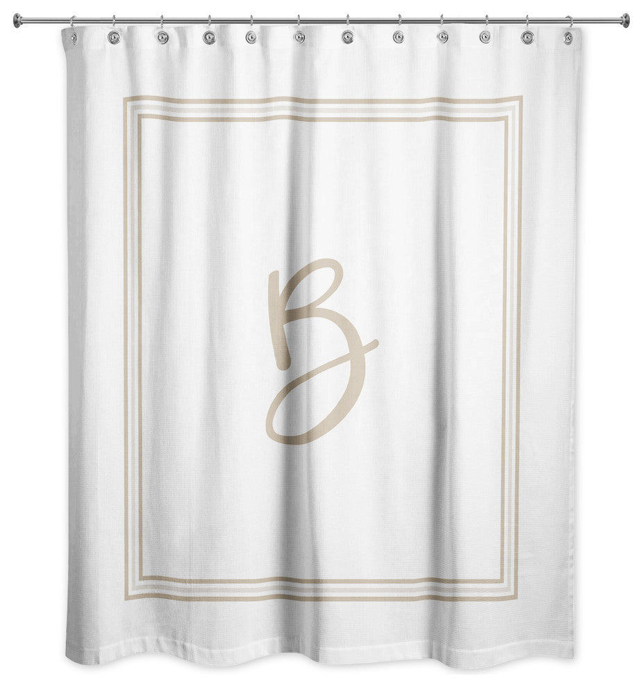 Beige and White Monogrammed Shower Curtain, B