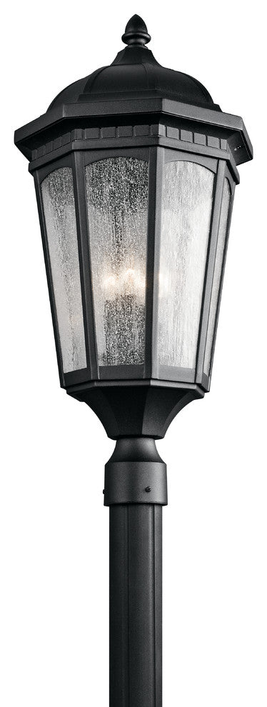 Outdoor Post Mount 3-Light, Textured Black/Etched Seedy Glass