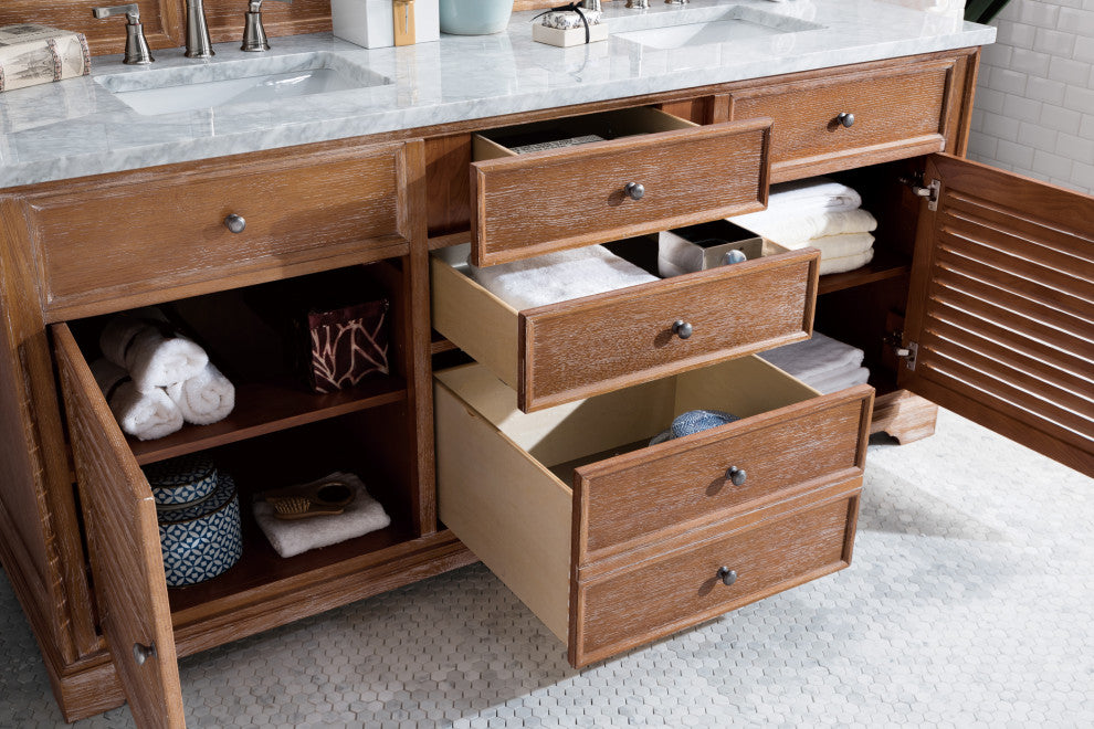 Savannah 72" Double Vanity Cabinet, Driftwood,  Eternal Jasmine Pearl Quartz