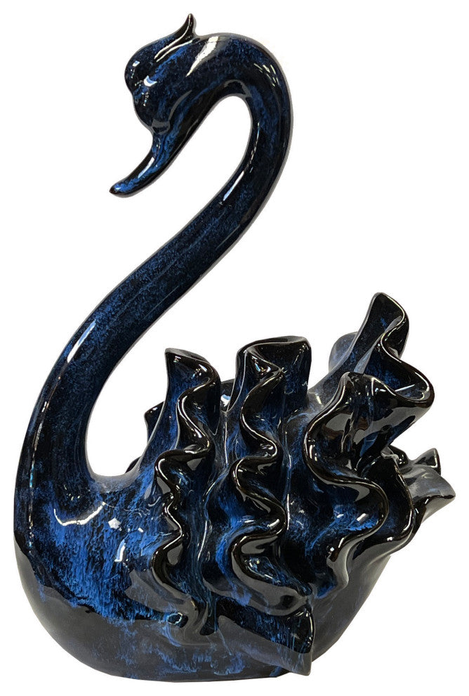 Ceramic Clay Navy Blue Wave Ribbon Feather Swan Art Figure Hws3102