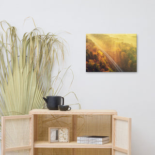 Sunrise Railroad Misty Forest Golden Haze Landscape Photo Canvas Art Print, 18" X 24"