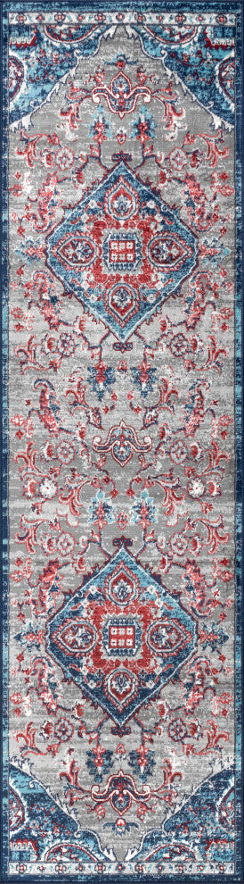 Modern Persian Vintage Medallion Red/Navy 2' x 8' Runner Rug
