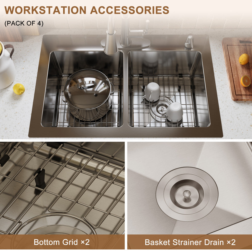 33in Drop-In Single and Double Bowl 18 Gauge Stainless Steel Kitchen Sink, Double