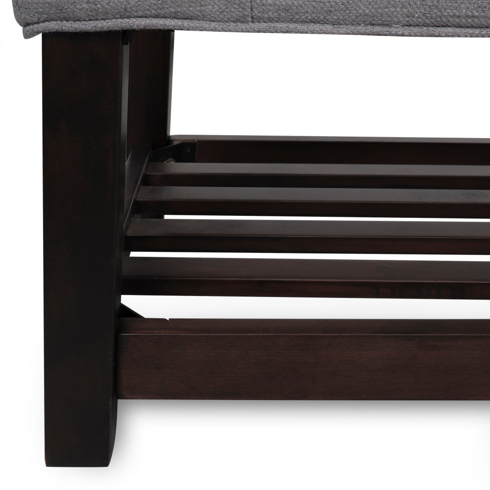 Pelon Contemporary Button Tufted Bench With Shelf, Gray/Dark Walnut