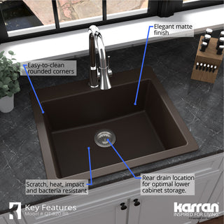 Karran QT-820 Top Mount 25" Single Bowl Quartz Kitchen Sink, Brown
