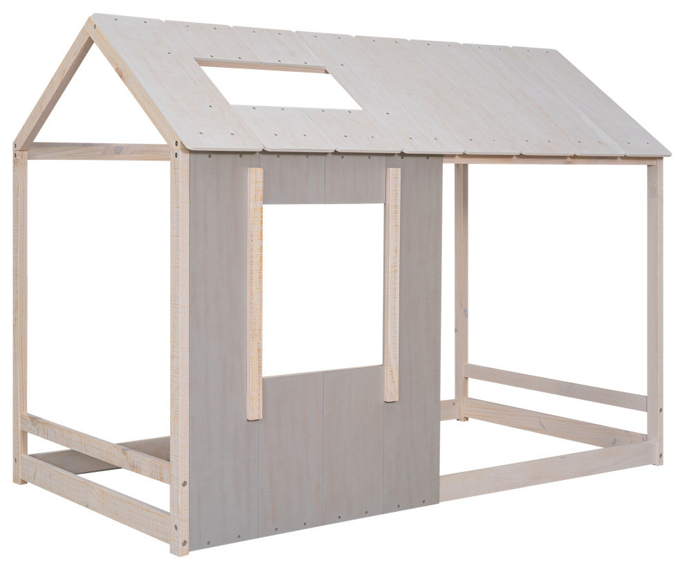 Gewnee Twin Size House Platform with Roof and Window , In Grey