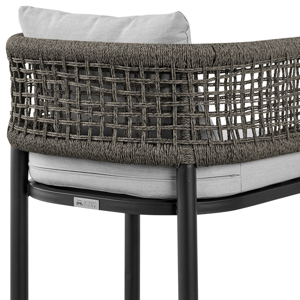 Felicia Patio Stool, Metal With Gray Rope and Cushions, Black, Counter Height
