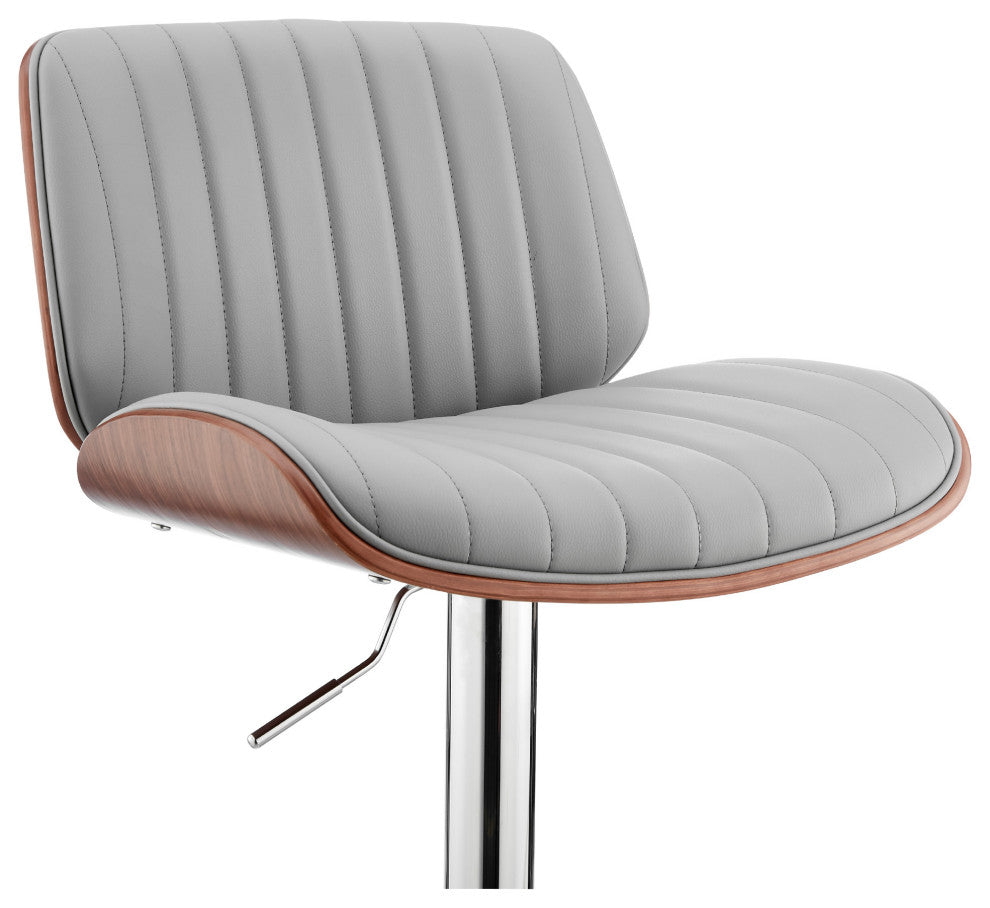Adjustable Gray Faux Leather Chrome and Walnut Bar Stool