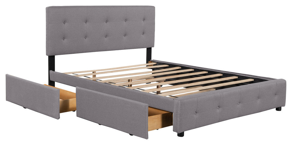 Queen Wood Frame Platform Bed with Drawers and Twin XL Trundle, Grey, Queen