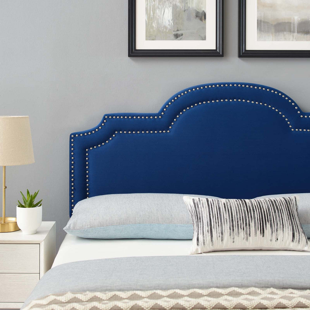 Headboard, Nailhead, Twin Size, Blue Navy, Velvet, Modern, Mid Century Guest