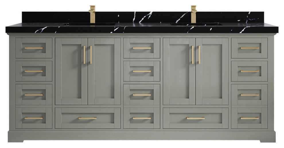 Boston 84 Double Sink Bath Vanity in Evergreen 2" Calacatta Black