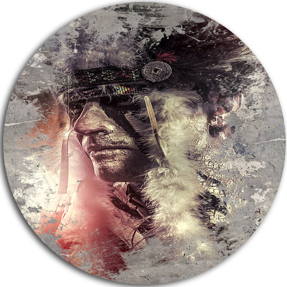 Native American Indian Warrior, Portrait Round Metal Wall Art, 23"