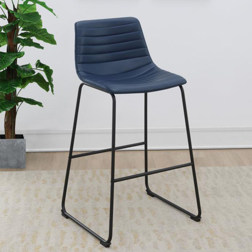 Set of 2 Faux Leather Upholstered Bar Stools, Blue/Matte Black