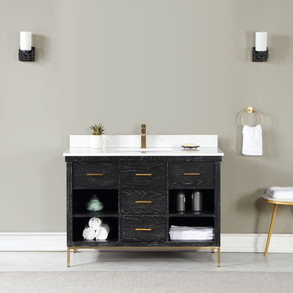 Kesia Black Oak Bathroom Vanity Set, 48", Without Mirror
