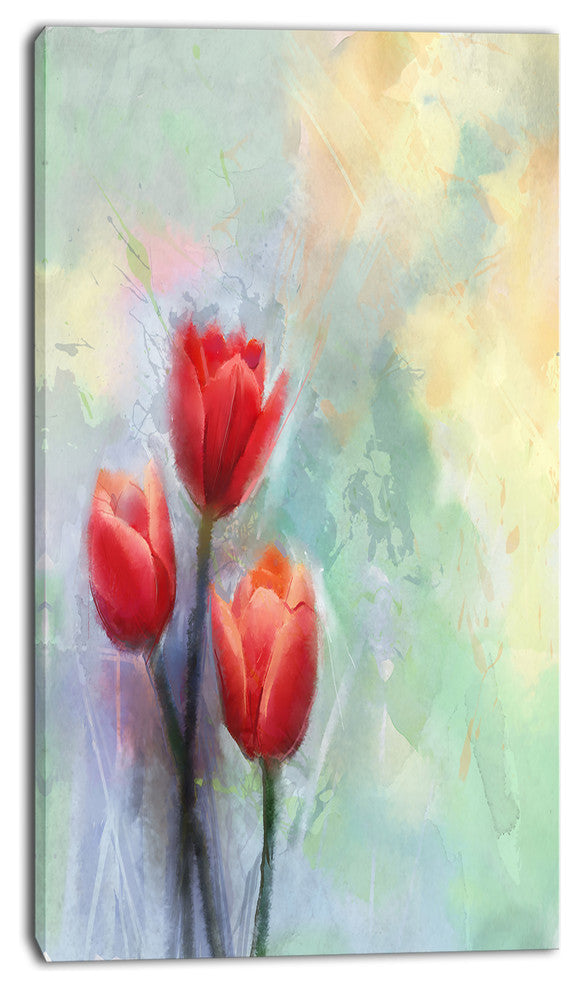 Red Tulips on Light Blue Watercolor, Large Floral Canvas Artwork, 16"x32"