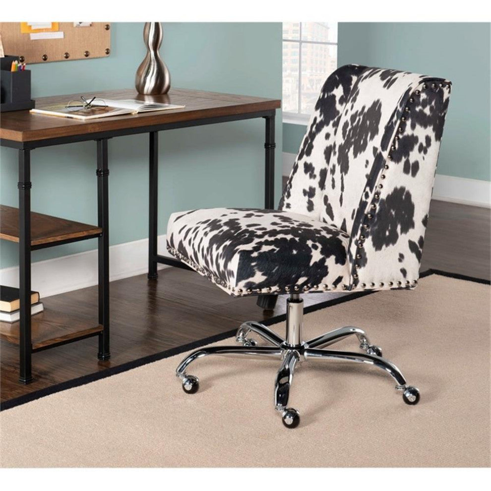 Linon Draper Wood Upholstered Office Chair in Black Cow Print