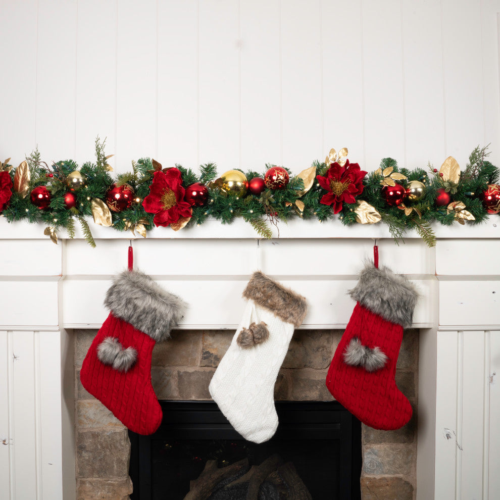 9' Artificial Christmas Garland with Lights, Golden Leaf Red Magnolia