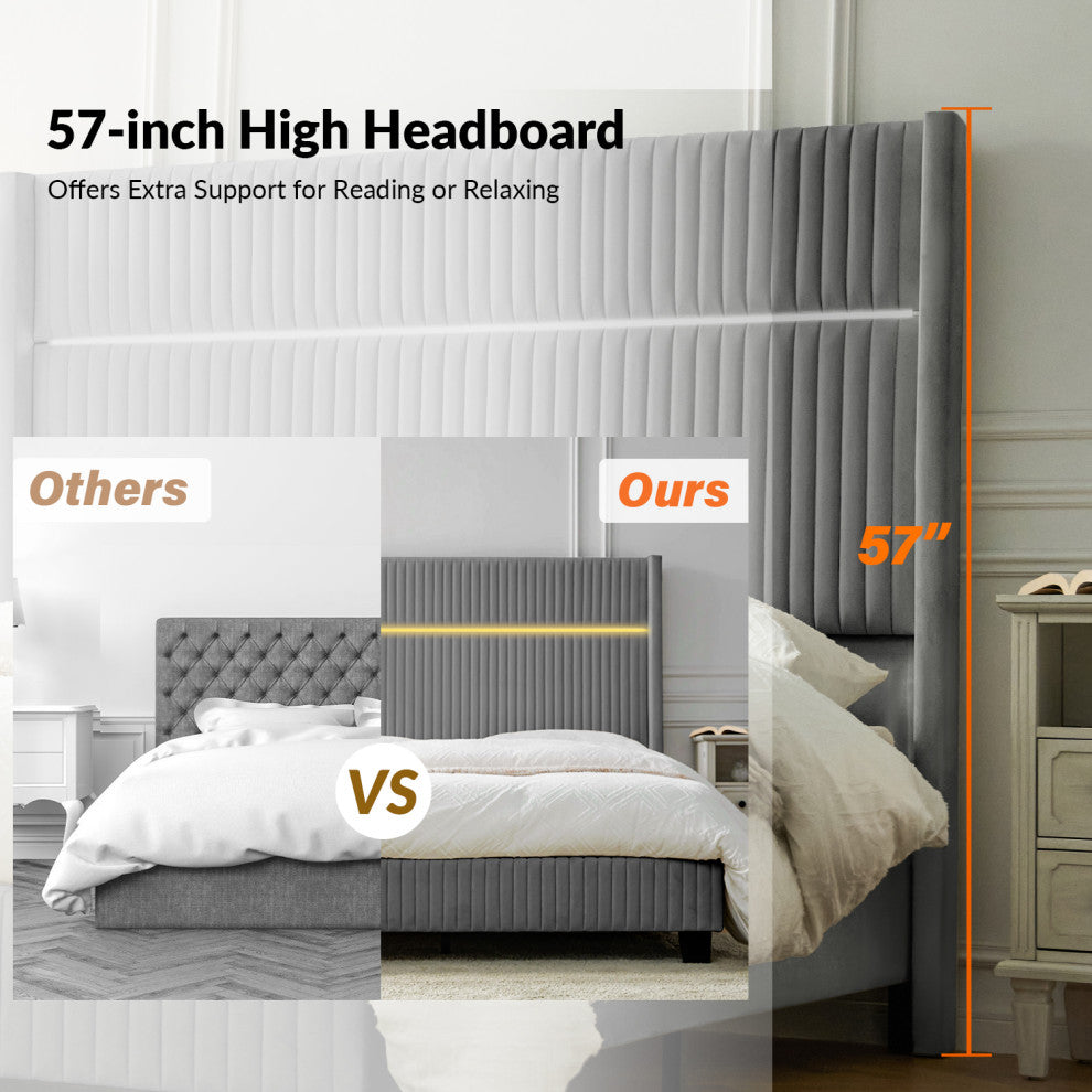 65" Bed With Wingback Design, Light Gray