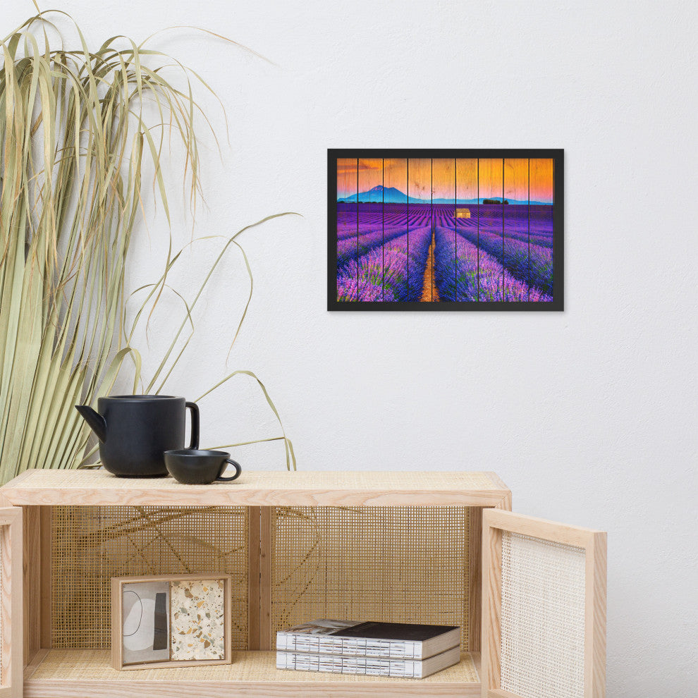 Faux Wood Lavender Fields and Sunset Landscape Framed Photo Paper Wall Art Print, Black, 12" X 18"