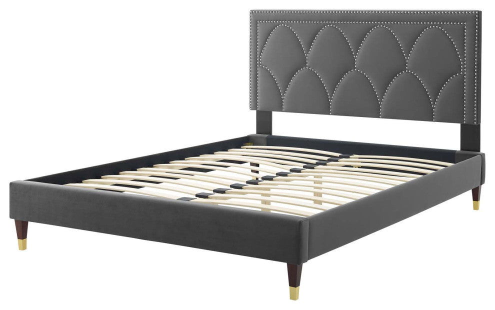 Platform Bed Frame, Nailhead, Queen Size, Charcoal Gray, Velvet, Modern