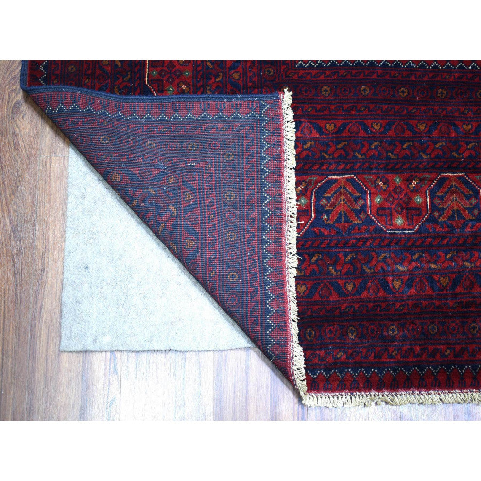 Red Hand Knotted Soft Shiny Wool Afghan Khamyab Geometric Design Rug, 10'x12'10"