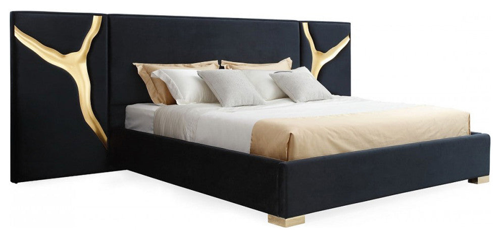 Piaz Headboard Bed, Glam Luxe Gold Eastern King Bed Black Velvet