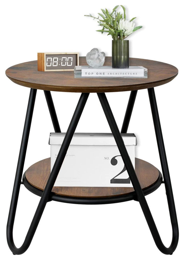2 Tier Wooden Small Round Side Table with Storage Shelf