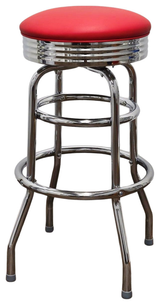 Retro Home Double Ring Chrome Pan Swivel 30" Bar Stool, Red