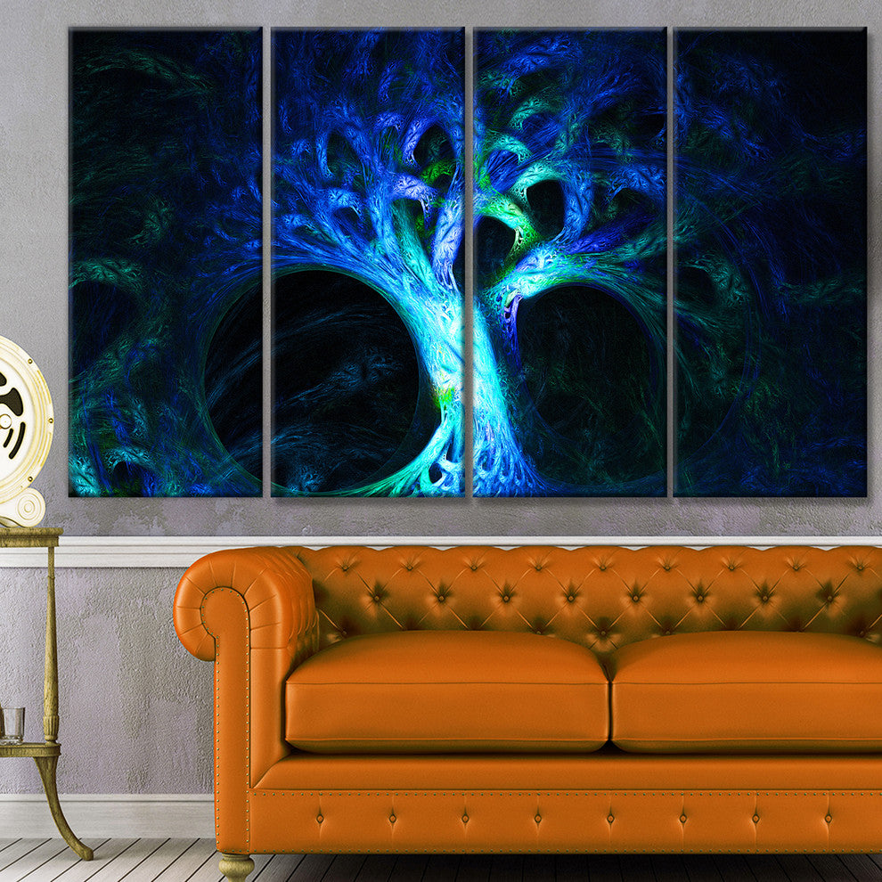 Magical Blue Psychedelic Tree, Abstract Canvas Art Print, 48"x28", 4 Panels