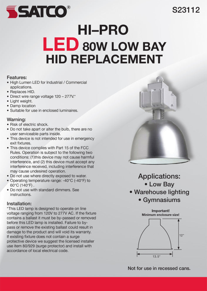 80W, LED HID Replacement, 4000K, Mogul extended Base, Type B Ballast Bypass