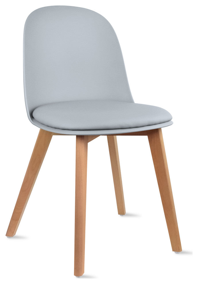 Set of 4 Plastic Chairs With Round Back Faux Leather Padded Seat Wooden Legs, Gray