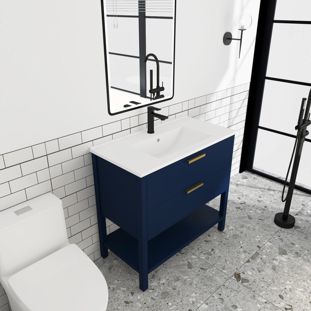 36 inch Plywood Freestanding Bathroom Vanity Set with Ceramic White Sink, Navy Blue