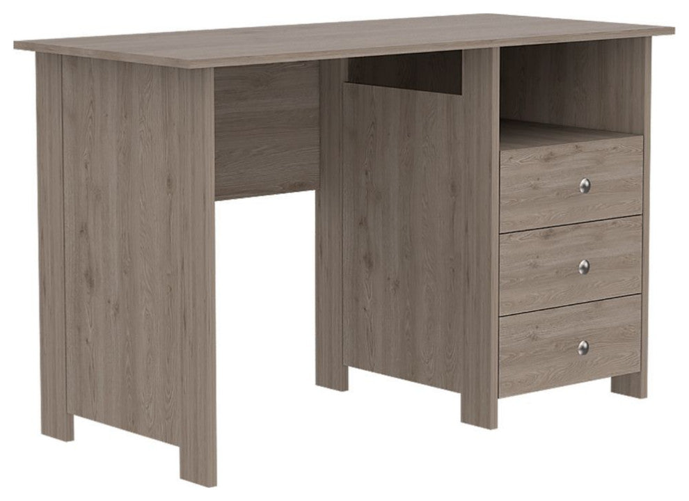 Antara Computer Desk with 3 Drawers, Open Shelf, Legs and Handles, Light Gray