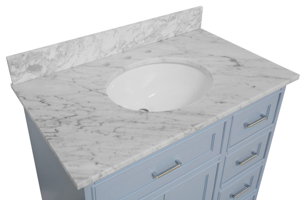 Aria 36" Bathroom Vanity, Powder Blue, Carrara Marble