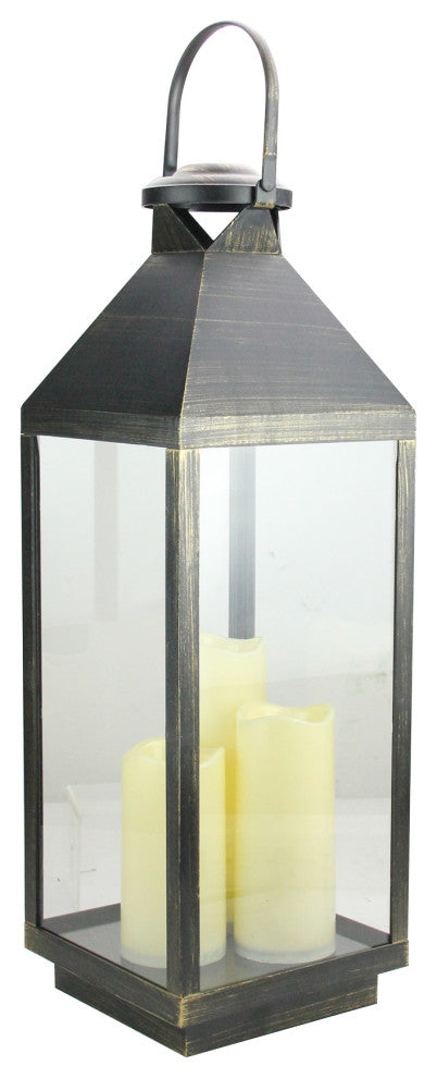 24" Large Gold Brushed Black Candle Lantern With Flameless LED Candles